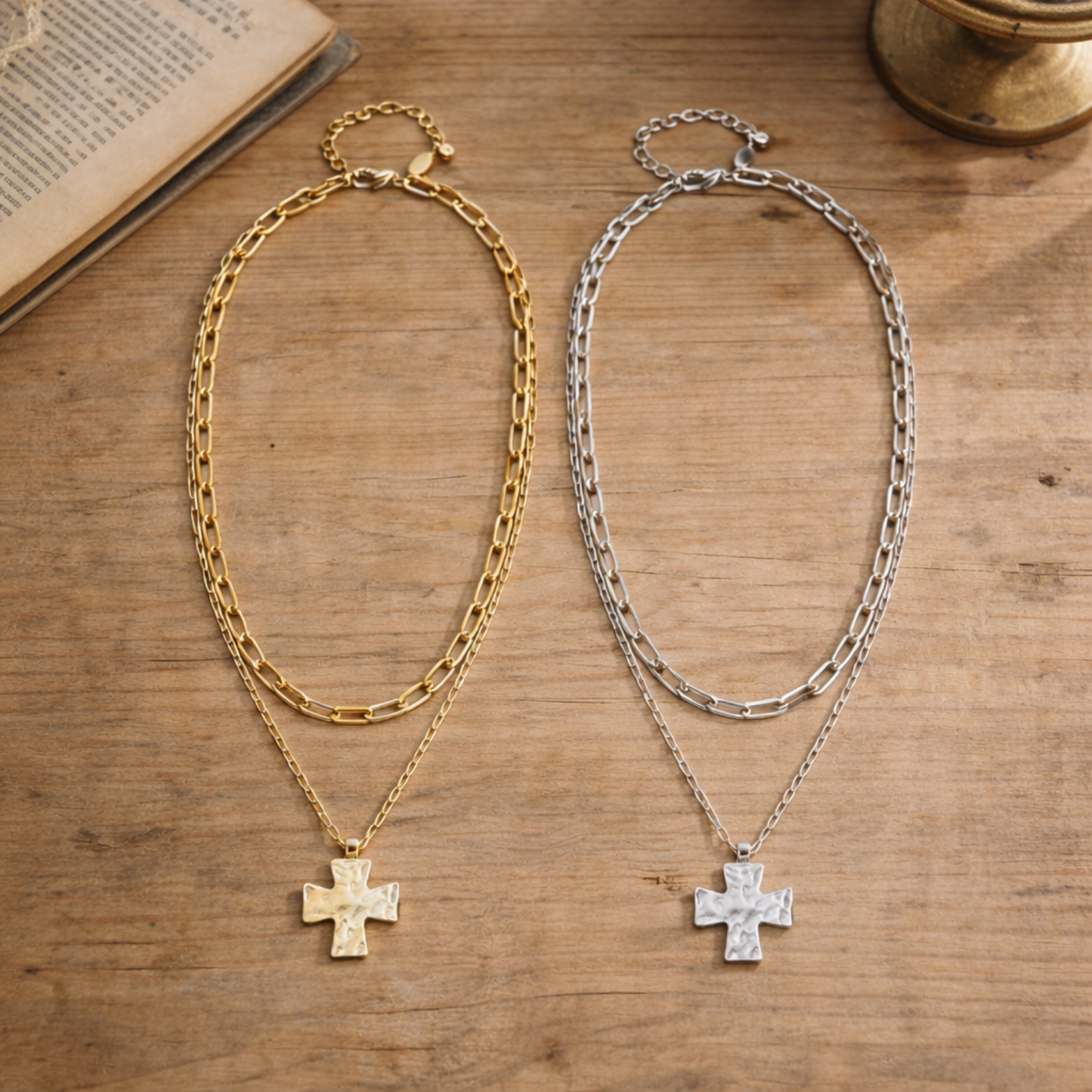 Layered Cross Pendant Mixed Chain Necklace