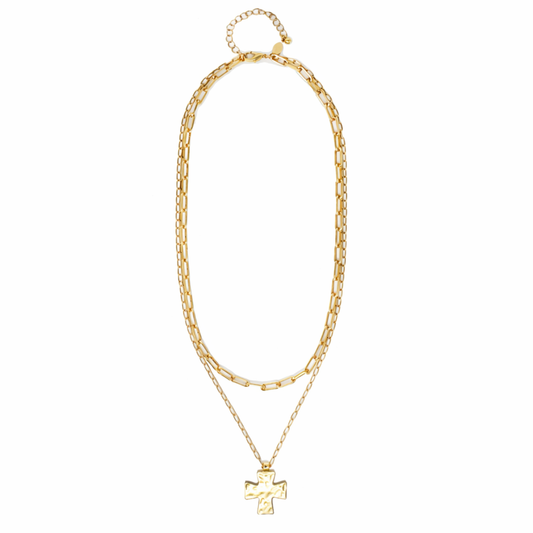 Layered Cross Pendant Mixed Chain Necklace